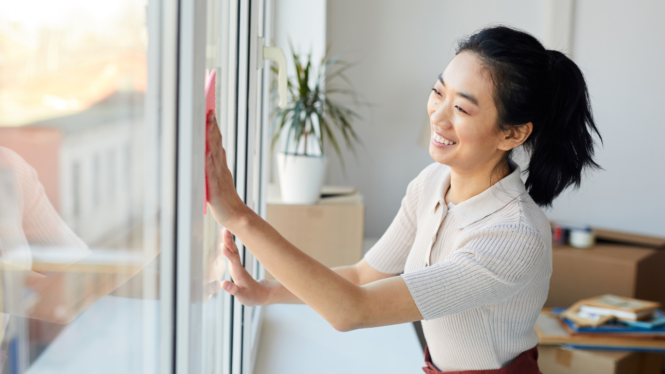 A woman cleaning windows